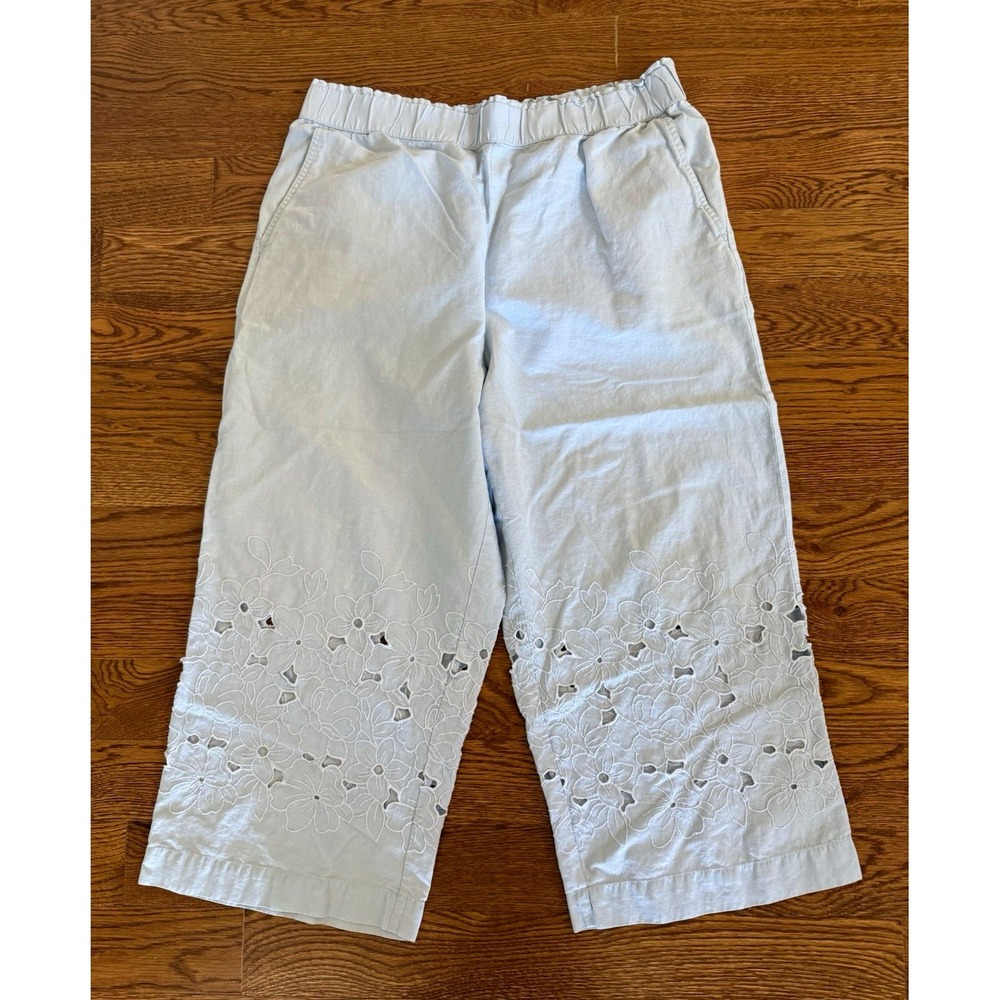 Talbots Women's XL Light Blue Cotton Linen Cropped Pants Embroidered Elastic